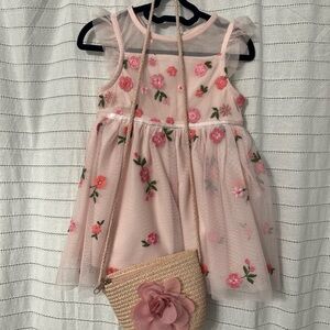 Floral Embroidered Pink Dress with Straw Bag